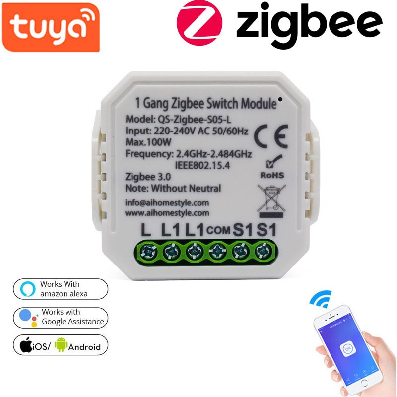 Tuya ZigBee 3.0 Smart Switch Module With/ No Neutral 2 Way Wireless Control Switch Relay Support Zigbee2MQTT Work with Alexa