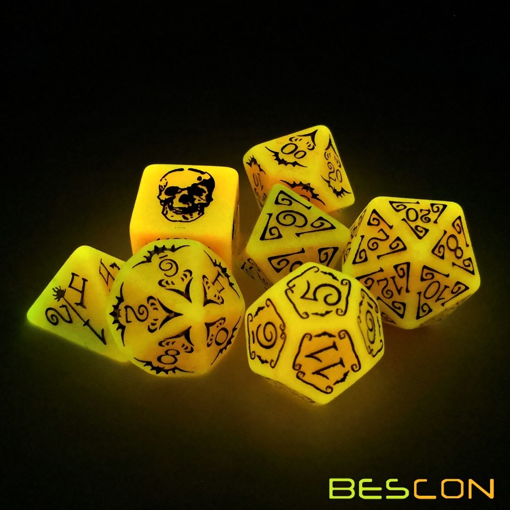 Bescon Gloeiende Halloween Polyhedrale Dobbelstenen 7 Stuks Set, Lichtgevende Halloween Rpg Dobbelstenen Set, glow In Dark Halloween Dnd Spel Dobbelstenen