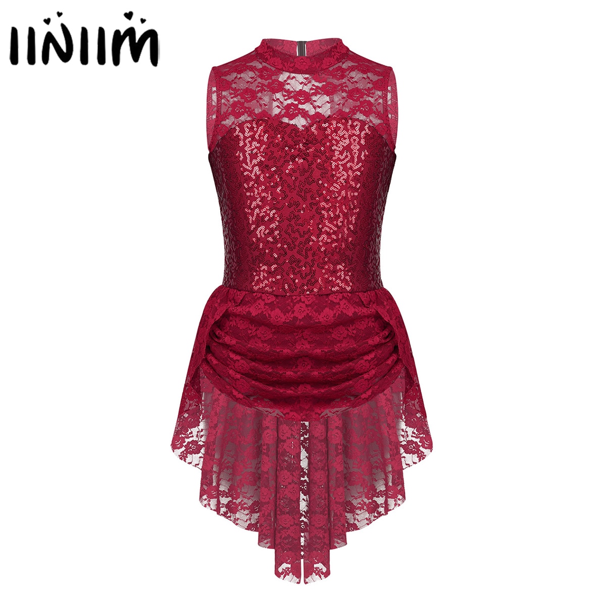 iiniim Kids Girls Sequins Ice Figure Skating Dress Lace Print Gymnastics Leotard Costumes for Teen Ballerina Dance Tutu Dress
