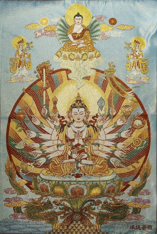 Chinese Zijde Thangka Duizend Hand Avalokitesvara Boeddha En Tara Boeddhabeeld