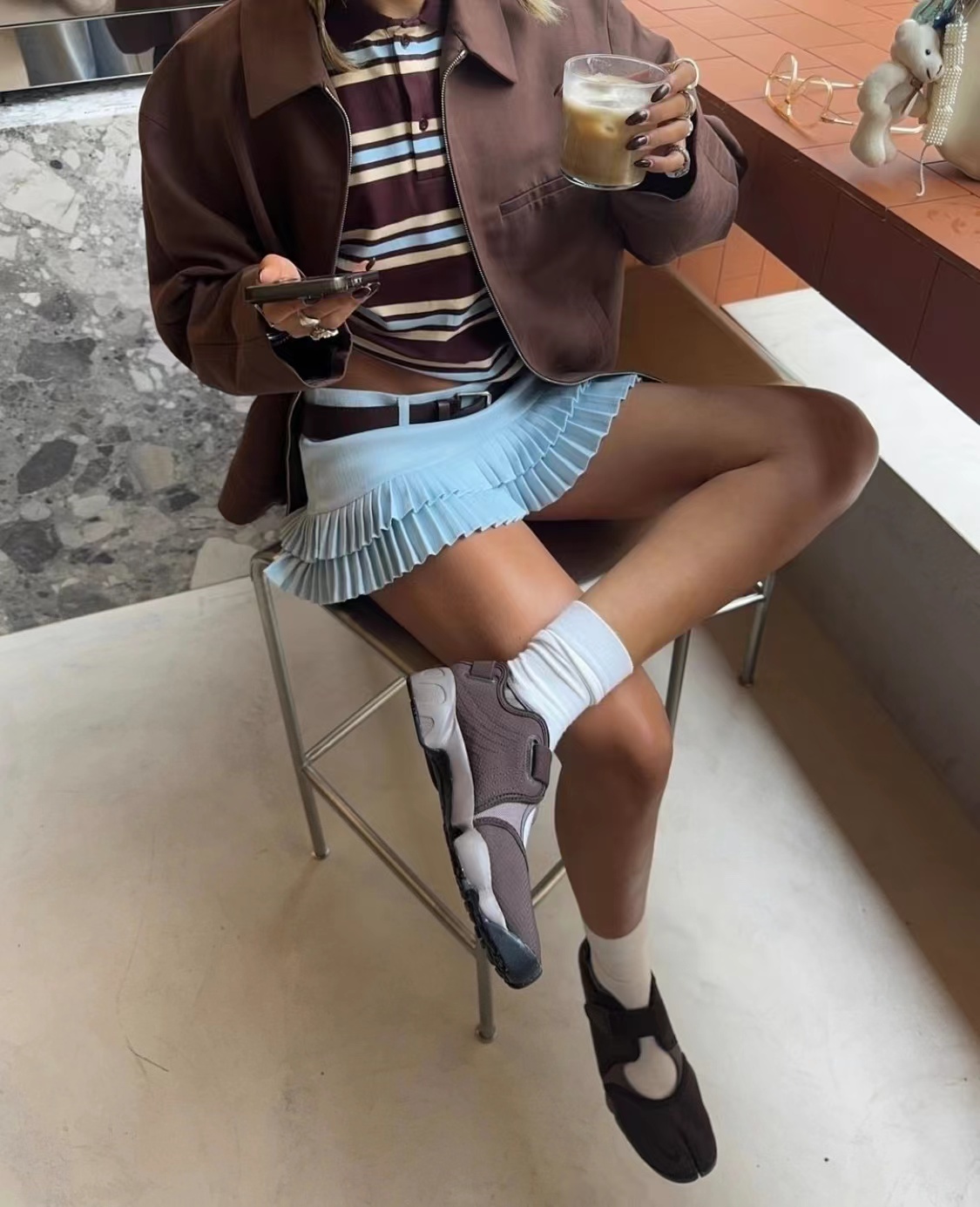Sommar dam pikétröjor kvinna långärmade crop tops randiga vintagekläder pikétröjor mujer streetwear casual toppar bruna