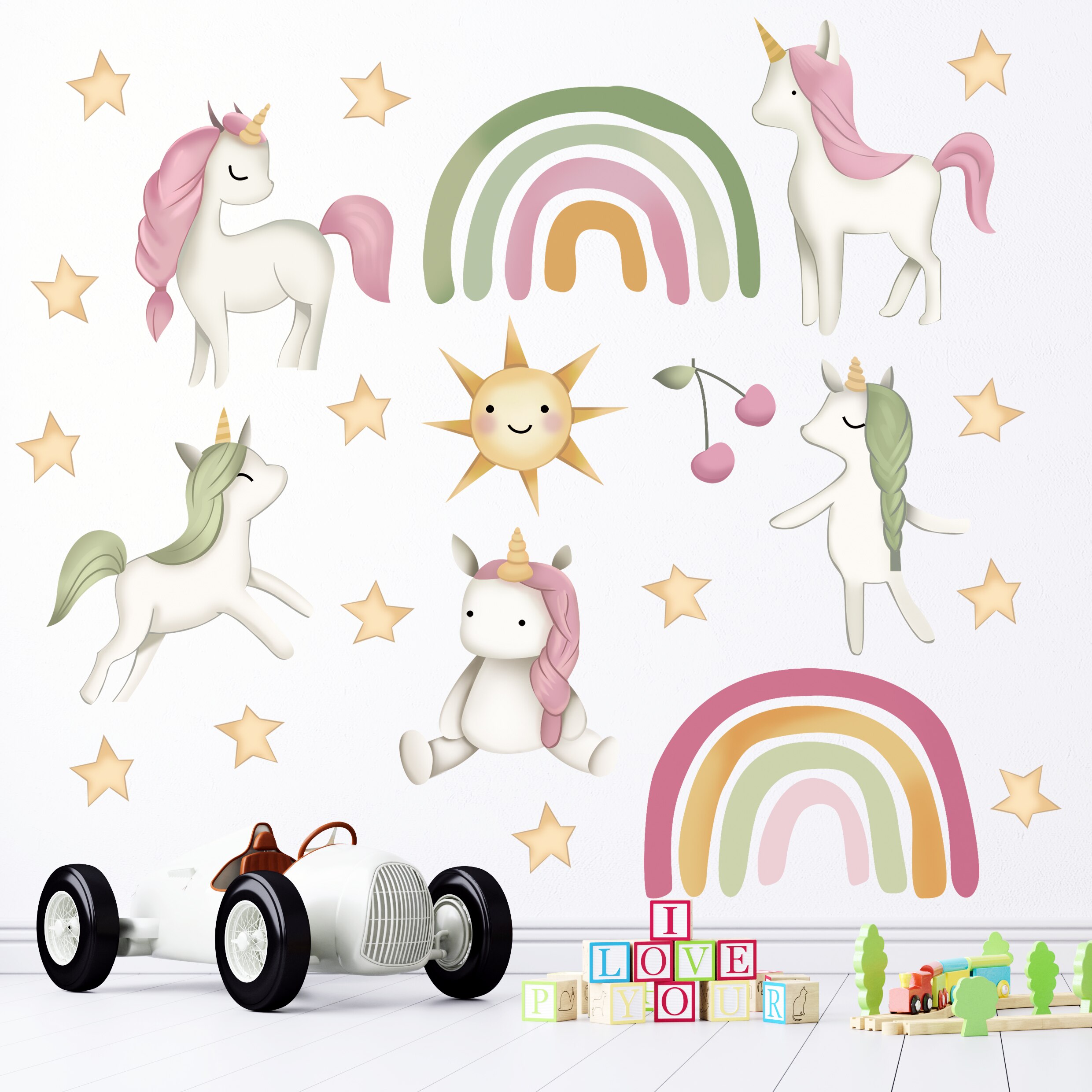 Cartoon Eenhoorn Muursticker Dromerige Cloud Sterren Regenboog Behang Home Decoratie Woonkamer Slaapkamer Muurtattoo Voor Kinderen