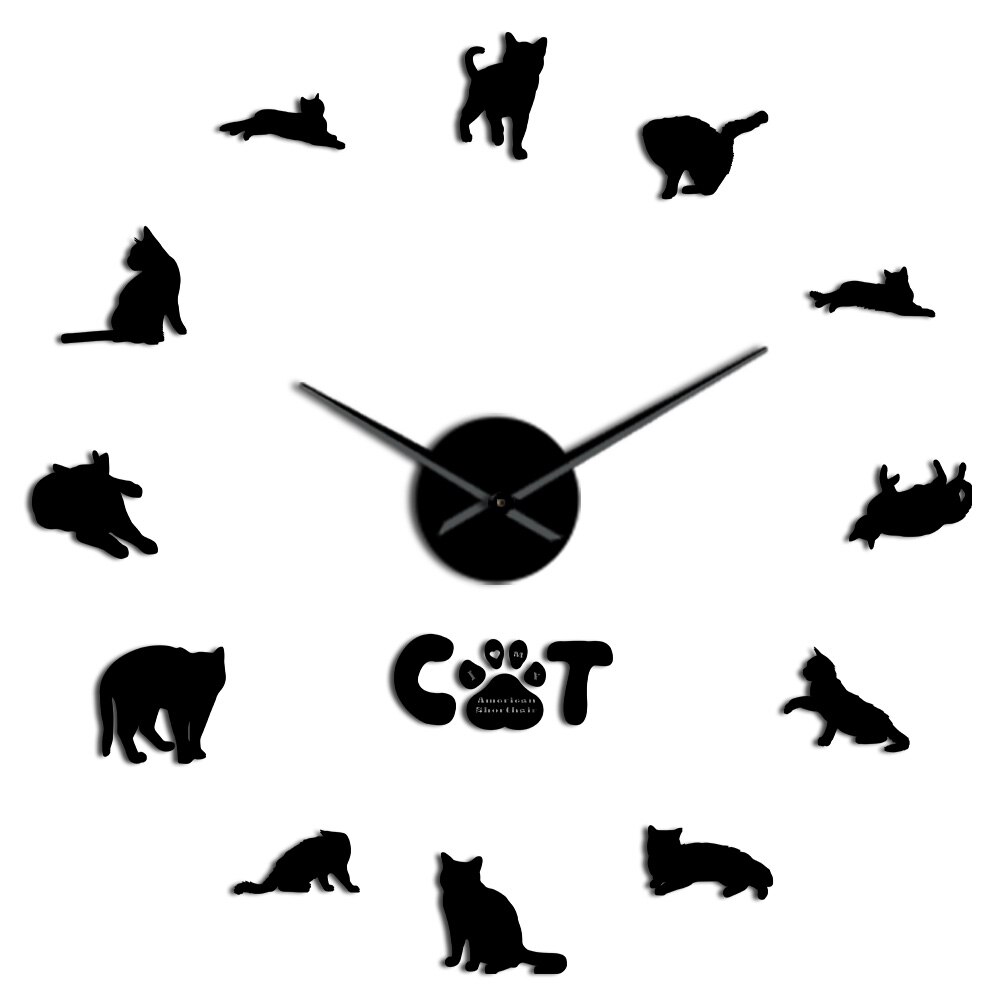 Amerikaanse Korthaar Kat Rassen Met Spiegel Numbers Stickers Wall Art Klok Horloge Kitty Dieren 3D Diy Acryl Wandklok: Black / 47inch