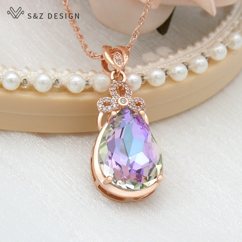 S & Z uco-Collier pendentif goutte d'eau en cristal coloré pour femme, or rose 585, bijoux de mariage,: Couleur or