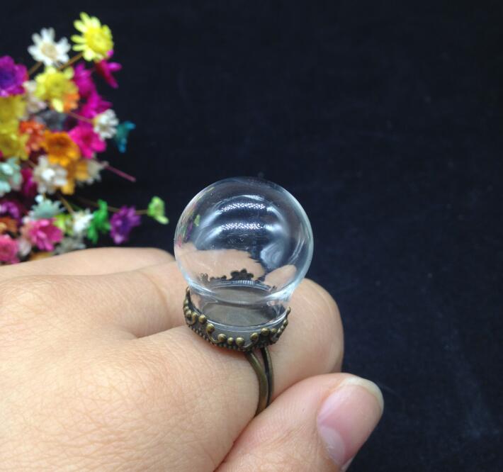 5 stks 25*15mm lege glazen flacon ring met brons bloem base glasbol bubble ring glas cover dome ring diy fles ring