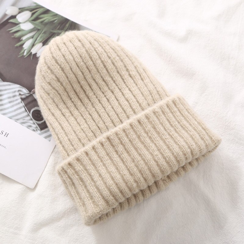 Bonnet tricoté à la pour femme, bonnet doux, épais et , collection hiver: Beige