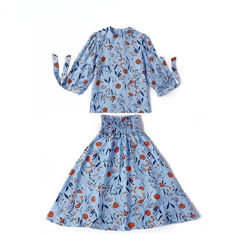 Teen Girls Floral Summer Clothes Set 2022 Big Girl Top Skirt with Cotton Lining Bow Soft Elastic Waist Sister,#7007: blue set / 16