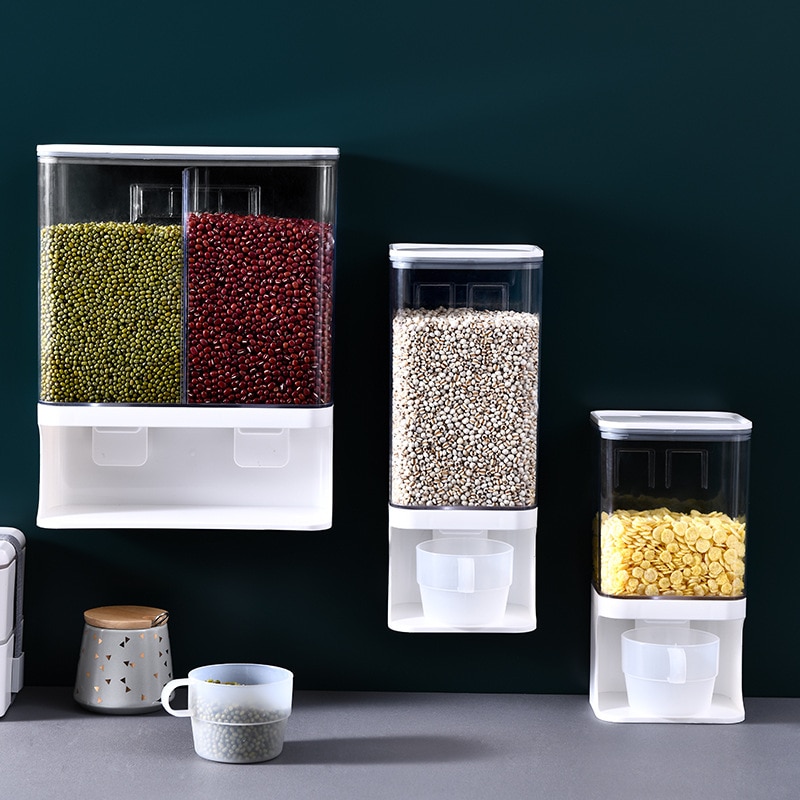 Large Wall-Mounted Kitchen Sealed Jars Multi-Grain Storage Box Moisture-Proof Grains Containers with Measuring Cups