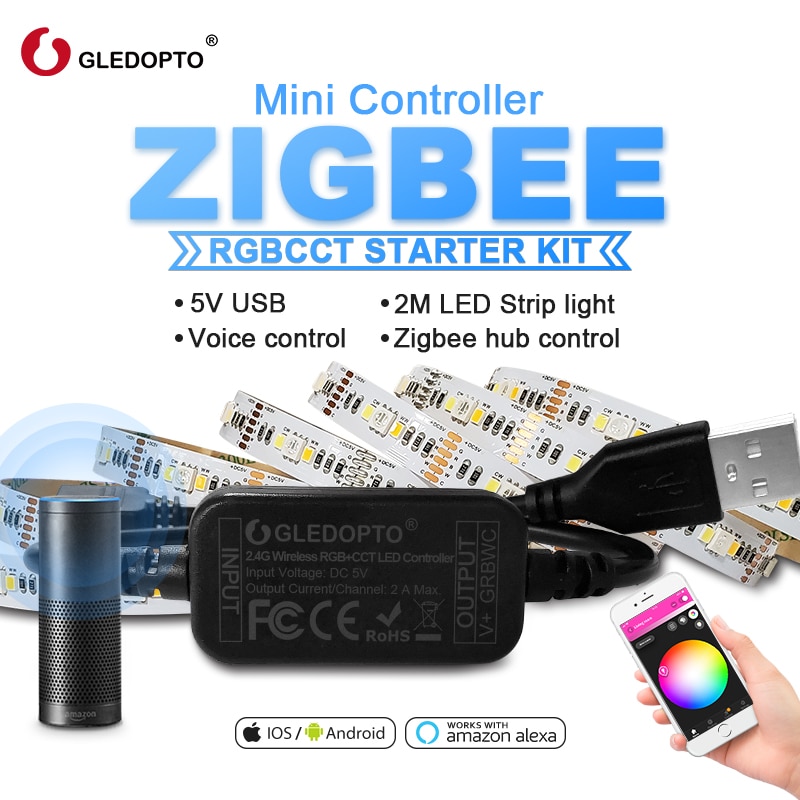 zigbee controller mini smart TV LED strip light kit 5V usb rgb+cct computer LED strip light work with zigbee hub echo