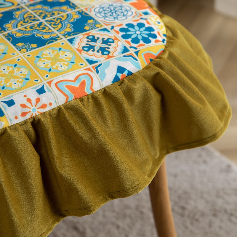 Cojín de asiento impreso para silla de comedor, cojín para silla de comedor para el hogar, correa extraíble y lavable, cojín para silla con borde de volantes retro