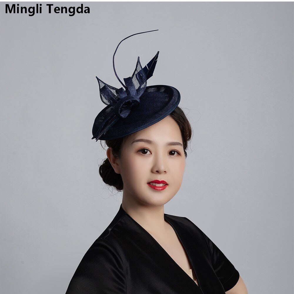 Mingli Tengda 6 colores Filipinas Cambric sombrero de Bodas de lino de la pluma nupcial tocado mujeres sombreros Azul Real