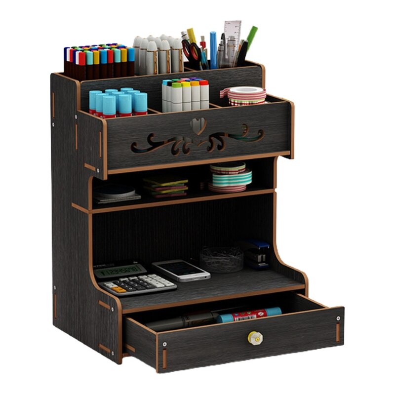 Wooden Pen Holder with Drawer Multi-Functional Desktop Stationary Pencil Box Home School Office Art Supplies Organizer Rack: Black