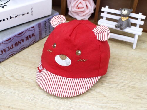 Berretto da Baseball a righe in cotone Unisex a 4 colori cappello da sole a forma di orso carino per neonato Casual con orecchie cappello da bambino in cartone animato: Rosso