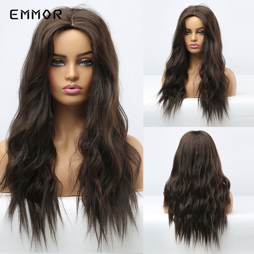 Emmor Long Brown Ombre Synthetic Wigs with Bangs Layered Wavy Heat Resistant Hair Cosplay Daily Use Wig for White Black Women