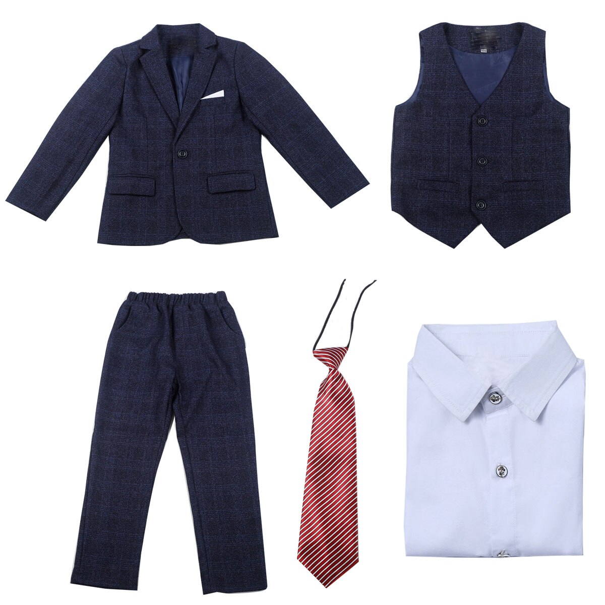 Kids Jongens Trouwpak Kinderen Bloem School Prestaties Blazer Formele Party Smoking Dress Kostuum Peuter Gentleman Sets 5Pcs: Blue 5PCS / 8-9 Years