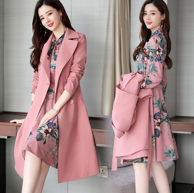 Frühling Herbst Damen Kleid Anzüge Für Büro Tragen Lange Graben Mantel Und Knie Länge Kleid 2 Stück Set Frauen Formale kleider Anzug: Pink / XXL