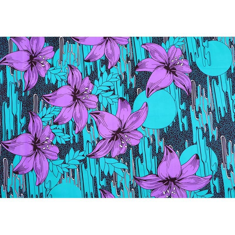 Veritable Wax Purple Lily Print Green Fabric African Wax Print Fabric 6Yards\set