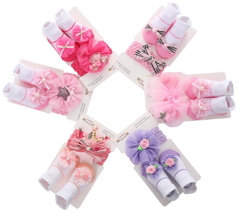 Belle bébé filles paillettes étoile gaze fleur décoré anti-dérapant coton cheville chaussettes avec élastique bandeau ensemble