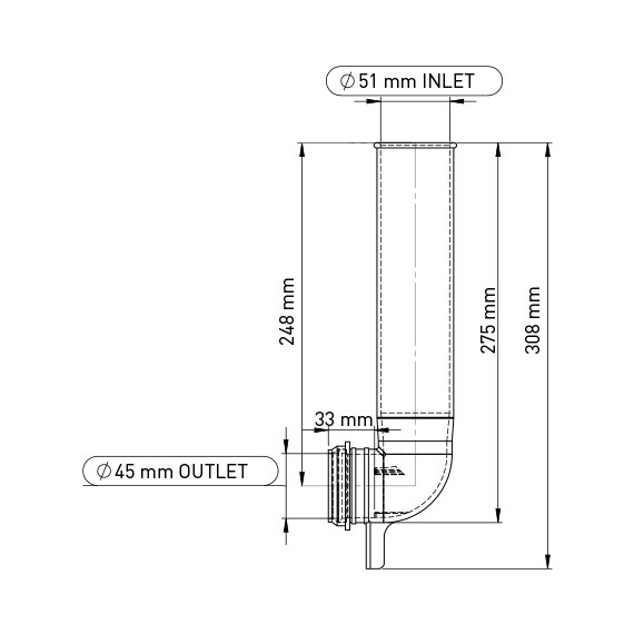 Ø50X90° CONCEALED CISTERN CLEAN WATER ELBOW 308 MM