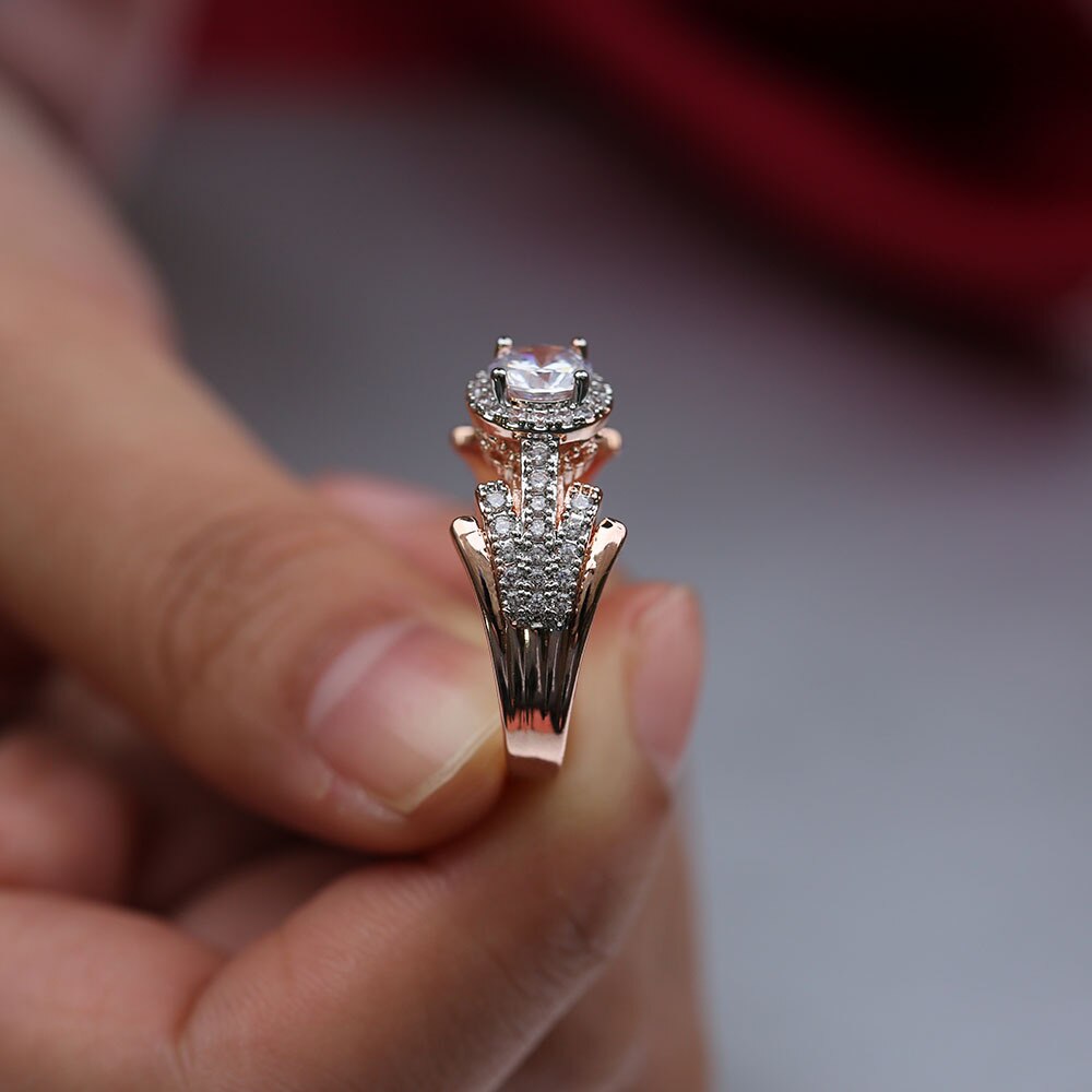 Anel de aniversário de casamento huitan com zircônia cúbica brilhante redonda rosa cor de ouro moda anéis para presente dos namorados feminino