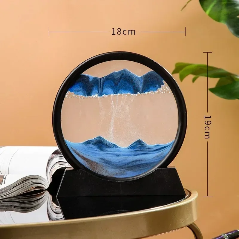 Reloj de arena 3D, arena movediza móvil, imagen artística de arena, cristal redondo, paisaje de arena de aguas profundas, pintura artesanal que fluye, de decoración del hogar para oficina: Azul