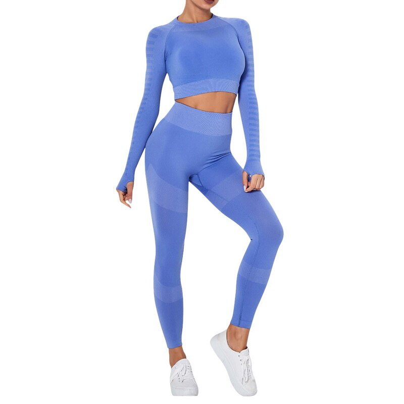 Vrouwen Stiksels Kleur Trainingspak Twee Delige Set Lange Mouwen Korte Lengte Top Elastische Taille Broek Vrouwen Sportkleding: light blue / S