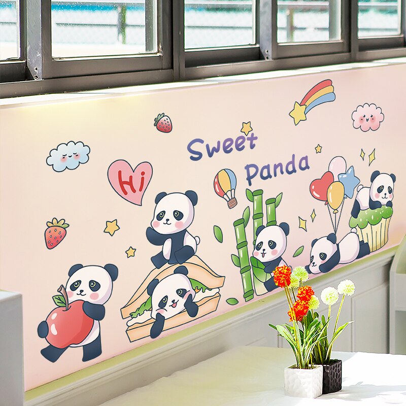 Black Pandas Animals Wall Stickers DIY Cartoon Bamboo Balloons Wall Decal for Kids Room Baby Bedroom Nursery Home Decoration