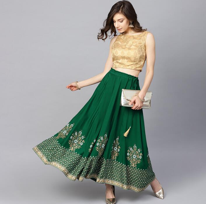 Disfraz de Sarees de la India para mujer, falda de algodón verde, estilo étnico, para baile, primavera y verano,