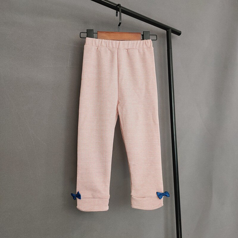 Sweet Baby Girls Houndstooth Pants Spring Autumn Kids Girls High Waist Bow Leggings Children Cotton Elastic Waist Trousers: pink / 6(130)