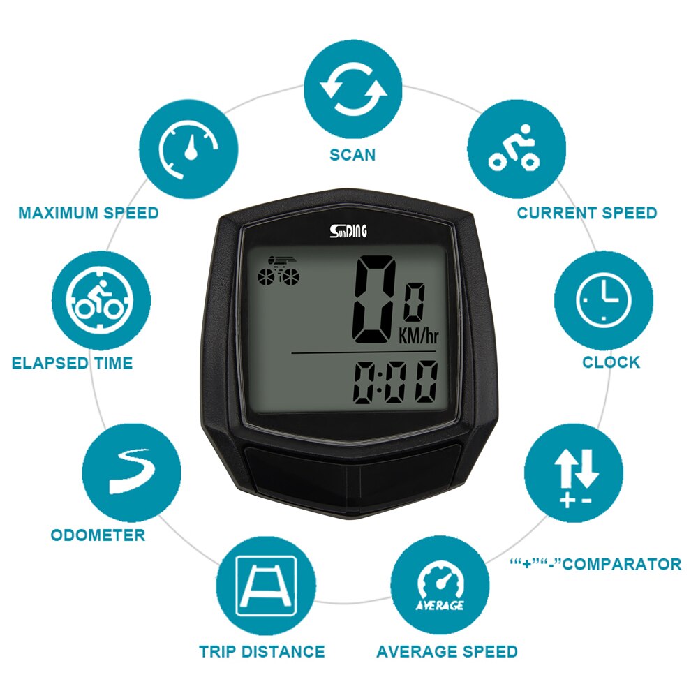 Sunding Cycling Computer Wired Type Bike Computer Rainproof LCD Screen Bicycle Computer Simple Black Speedometer For Bicycle