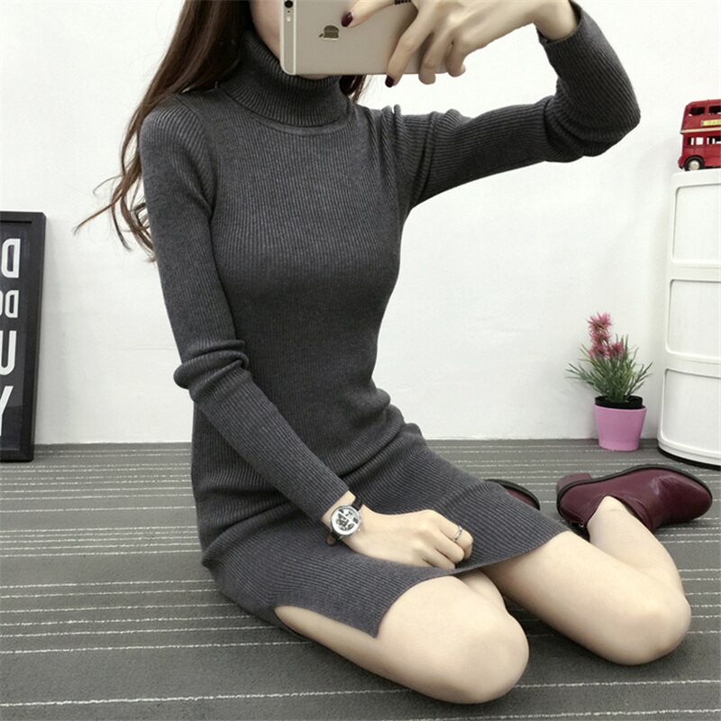 Herfst Winter Vrouwen Gebreide Lange Mouwen Split Coltrui Jurken Slim Bodycon Schede Gebreide Jurk Vestidos SF859