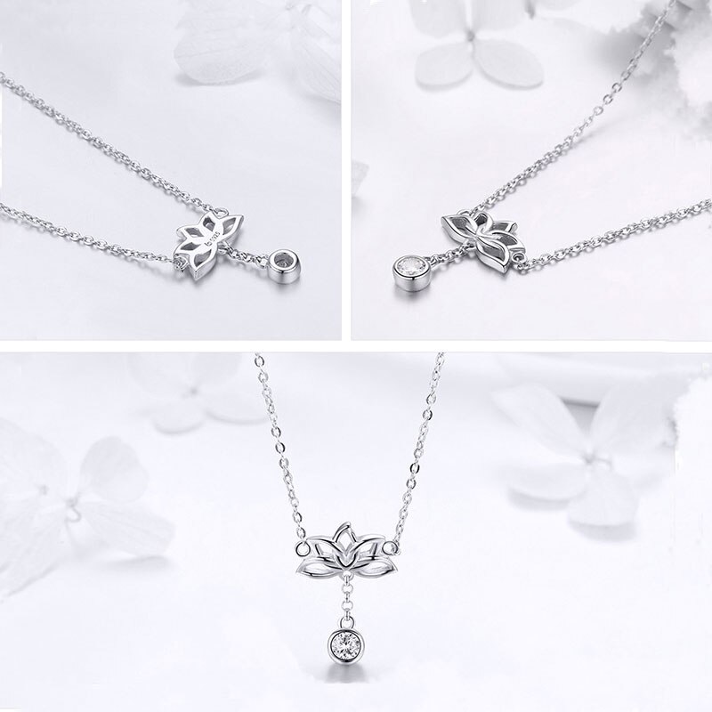 BISAER Real 925 Sterling Silver Lotus Flower Earrings Ring Necklaces Women Jewelry Sets for Women Sterling Silver Jewelry WES067