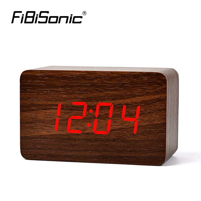 FiBiSonic Red series Thermometer LED Digital Clock,Sounds Control Wooden Alarm Clocks,Desktop Clock