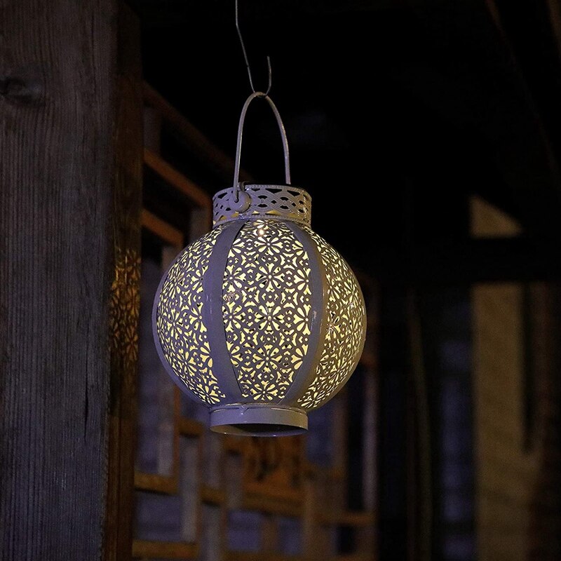 2 Pack Hanging Solar Lantern Metal Led Table Lamp Outdoor Solar Hollow-Out Lights with Handle, 6 Lumens, White