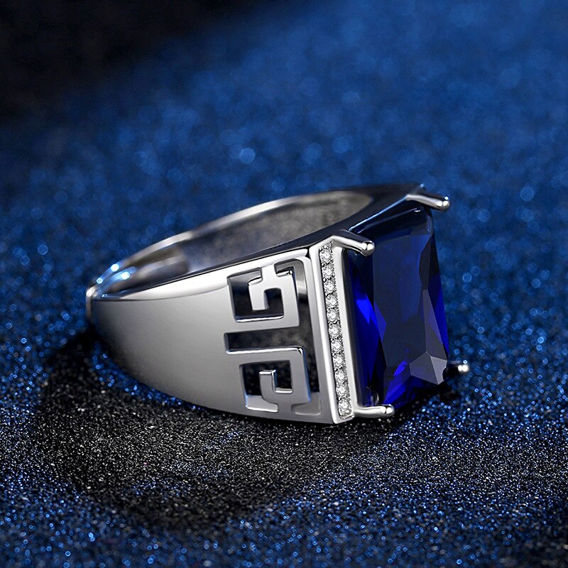 Classic Men's Silver Plated Ring Domineering Square Cut Blue Zircon Wedding Band Ring Business Finger Ring Male Jewelry