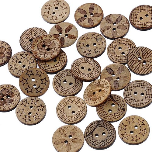 ! 50 Pcs Mixed Pattern Coconut Shell 2 Holes Sewing Buttons DIY Scrapbooking 18mm AC16