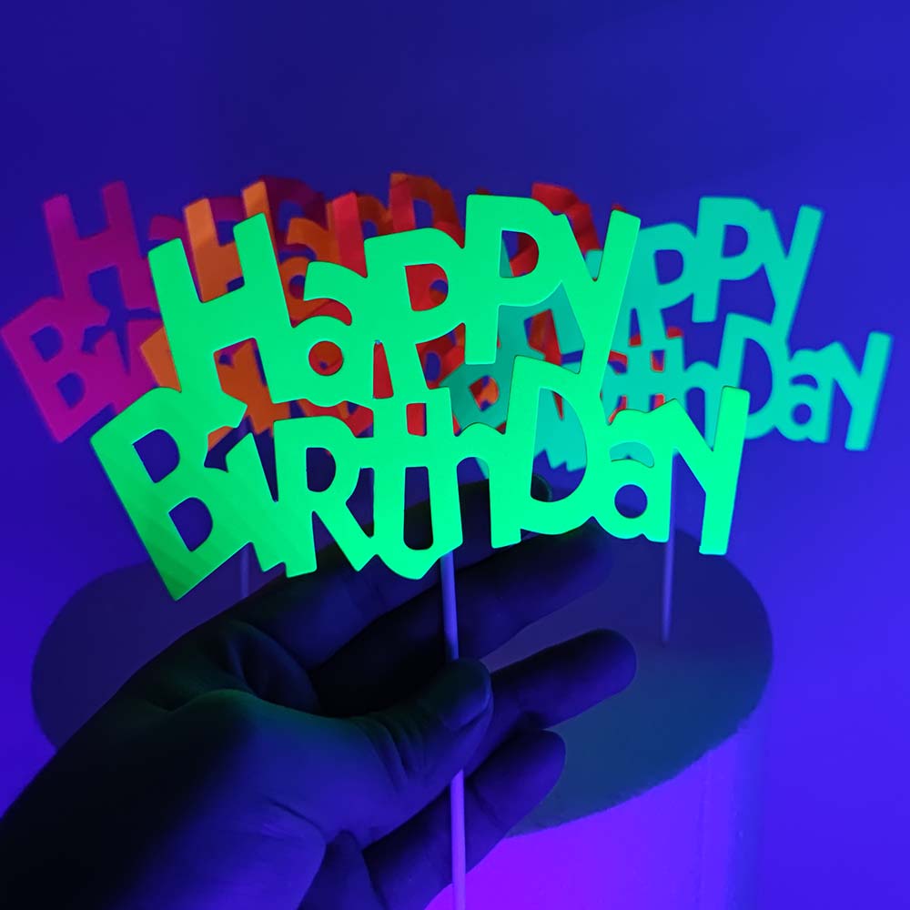 Decorações de bolo de festa de néon brilhante, banner de feliz aniversário, topper de bolo que brilha no uv, luz preta, suprimentos de festa reativos, aniversário de néon