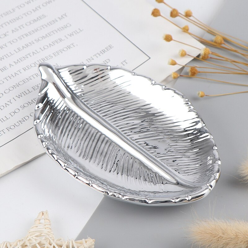 Platos con forma de hoja de cerámica, joyería para árbol y hojas, bandeja de almacenamiento plateados, cerámica, joyería, baratija, 1 unidad: silver