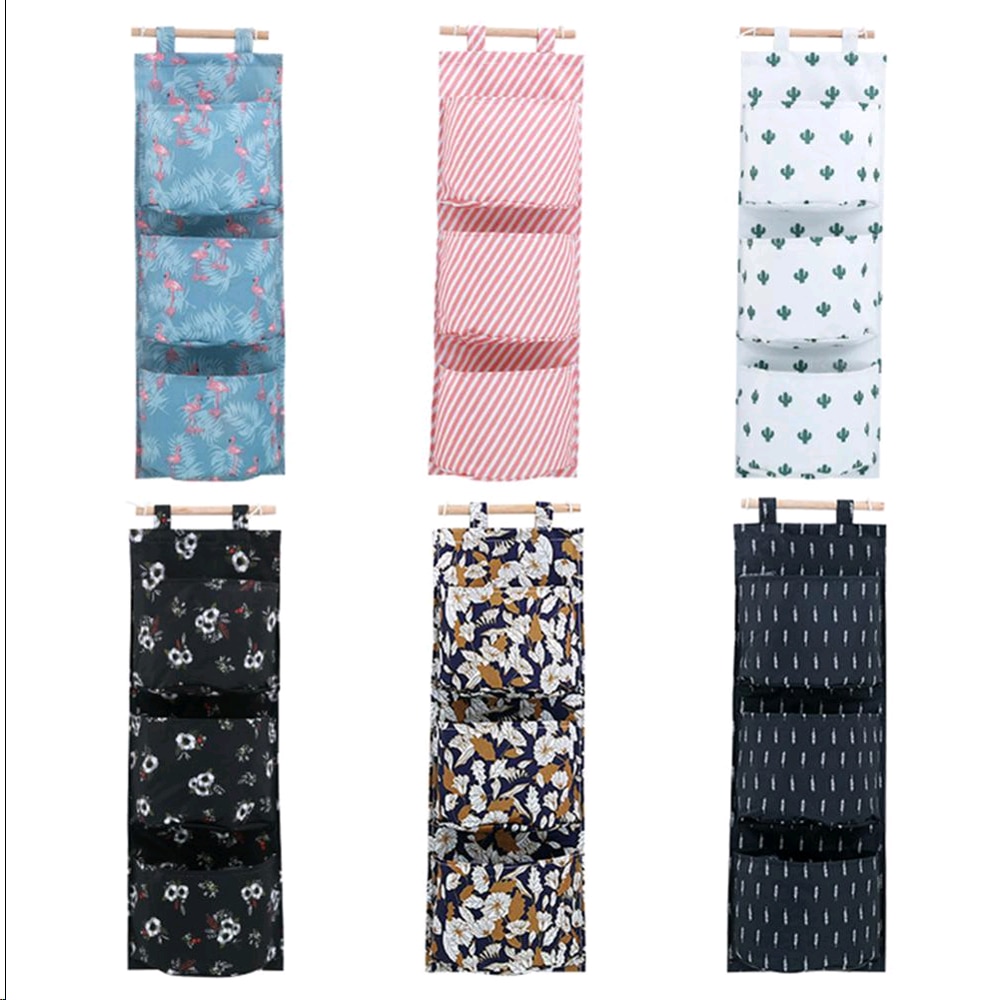 Oxford cloth Printing Hanging Storage Bag 3 Pockets Wall Mounted Wardrobe Hang Bag Wall Pouch Cosmetic Toys Organizer