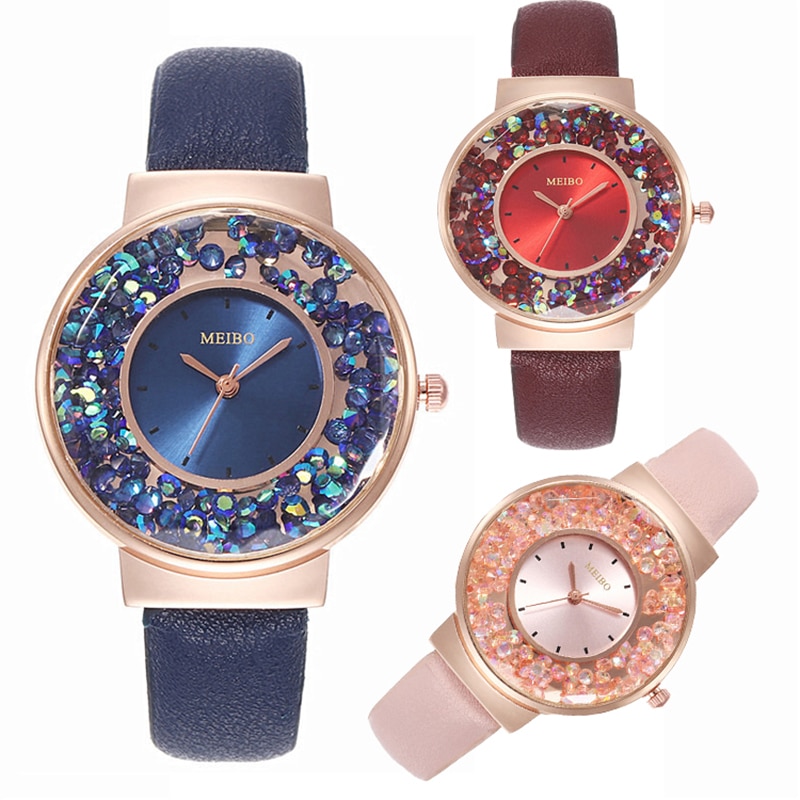 Vrouwen Horloges Luxe Rhinestone Blauw Rood Quartz Horloge Mode Dames Horloge Lederen Armband Horloges