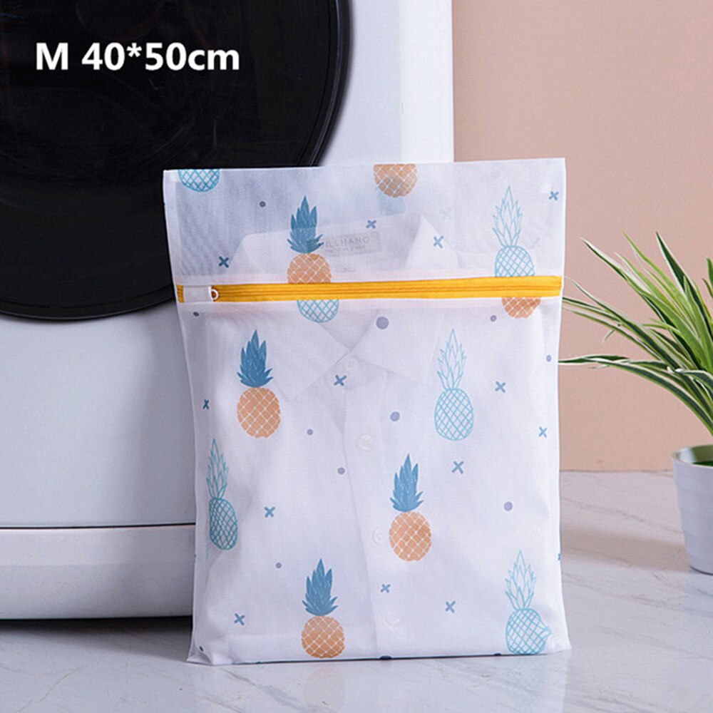 Pineapple Cactus Printing Zippered Mesh Laundry Bag Underwear Sock Washing Machine Polyester Washing Net Bag: M40-50cm