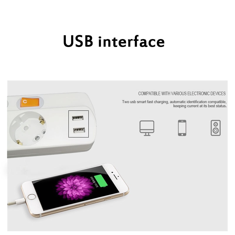 EU PLUG 1.5/2.5m 2/3/6 Extension Socket 250V 10A/16A Individually Switched Power Strip 3AC 2USB Outlets Charger Adapter Socket