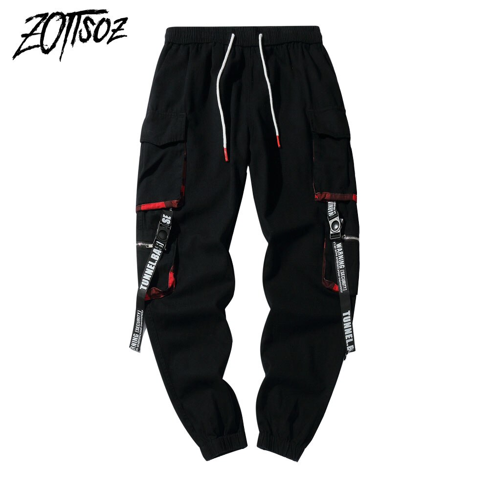 Mens Harem Joggers Cargo Sweatpants Streetwear Hip Hop Multi Pockets Ribbon Sweat Pants Mens Harajuku Casual Trousers