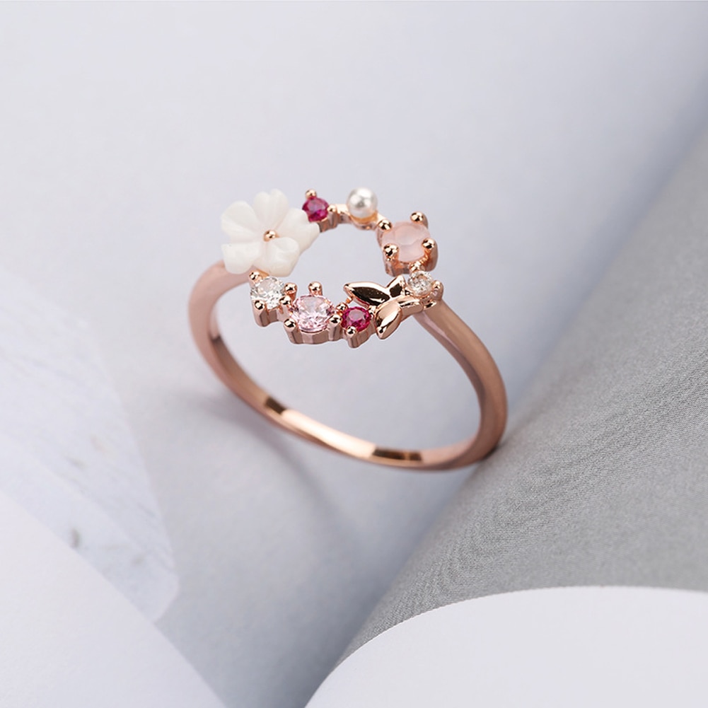 Anillo de boda con de flores y mariposas para mujer, sortija de boda con circonita de oro rosa, Glamour, para niñas, joyería creativa