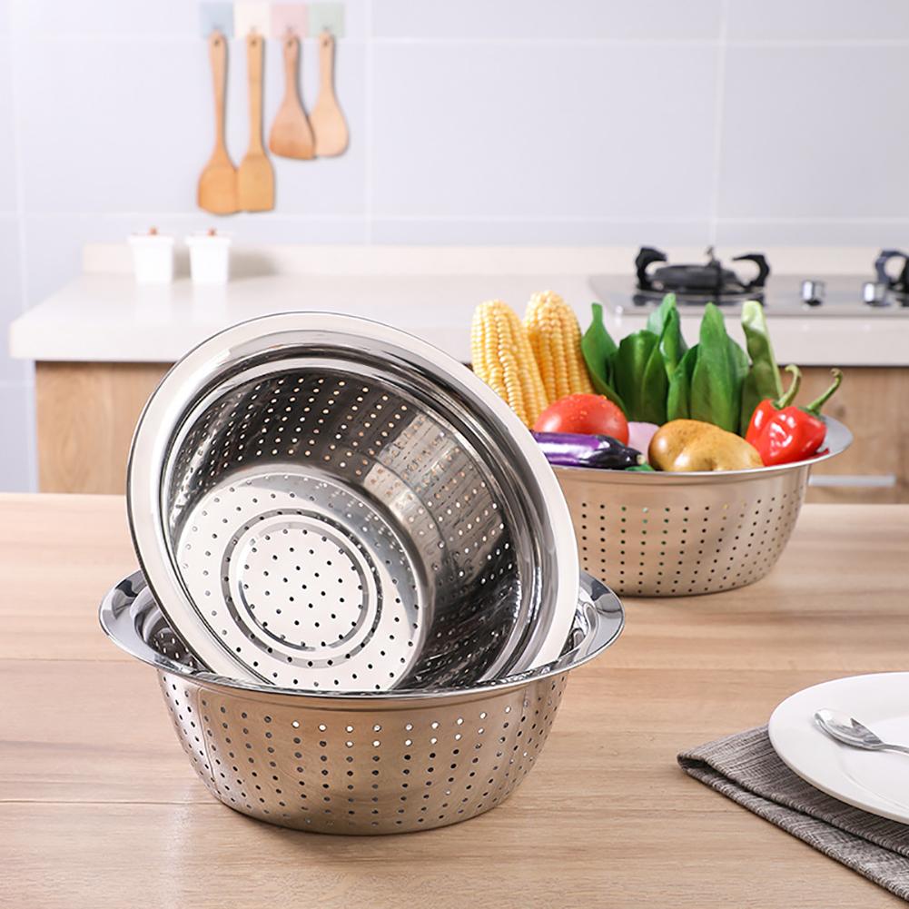 Stainless Steel Holes Washing Cleaning Rice Sieve Strainer Fruits Vegetable Drain Bowl Kitchen Supplies