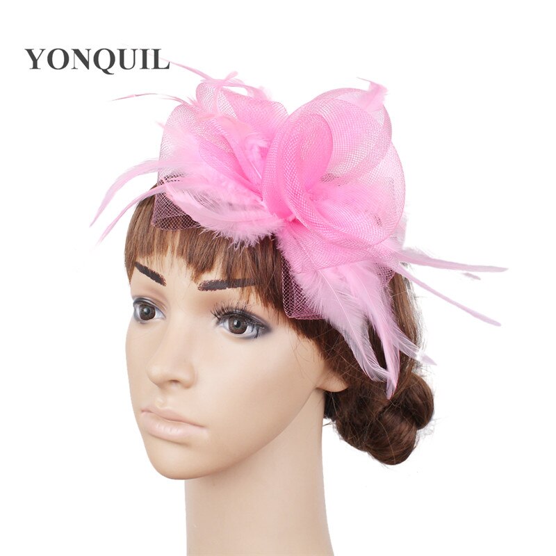 Wonderful color crinoline fascinator headwear feather colorful mesh party show hair accessories millinery cocktail hats MYQ053: Pink