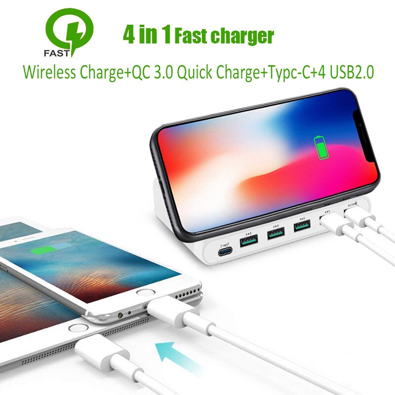 Multi-Port Usb Charger Draadloos Opladen Dock Type C QC3.0 Port Smart Snel Opladen Draagbare Reizen Snelle Charger Us Eu uk Plug