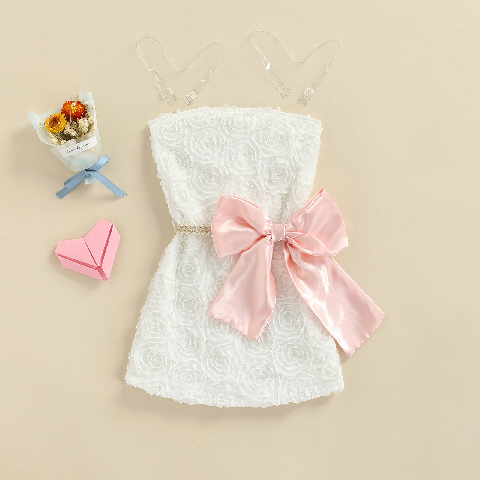 Girl Lace Flower Summer Dress Children High Waist Bow Decor Off Shoulder Kid Party Sleeveless Princess Dress