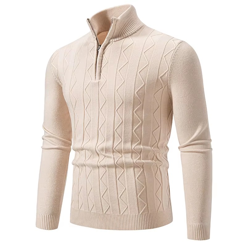 Automne quart de fermeture éclair pull hommes pull tricot à manches longues pull hommes hiver mince décontracté col roulé faux cou chandails: M / Or