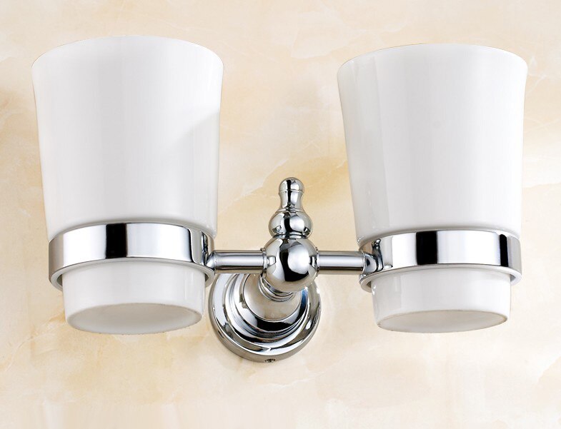 Polished Chrome Brass Wall Mounted Double Tumbler Holder White Ceramics Toothbrush Cup Bathroom Accessory aba908